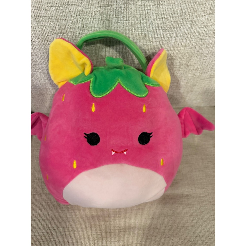 Squishmallows Gwendolyn Neon Strawberry Bat Halloween Treat Pail Candy plush